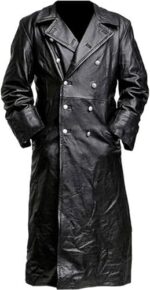 Mens Double Breasted Black Leather Trench Coat