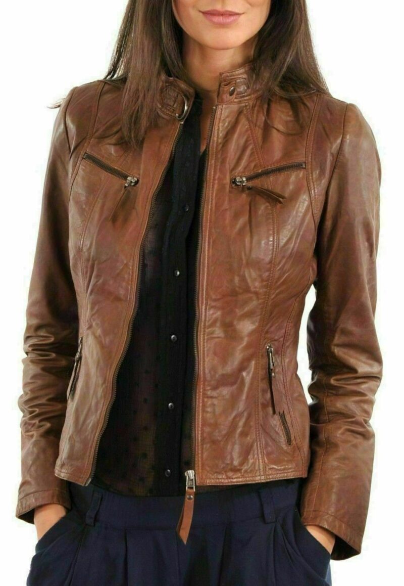 Women's Brown Biker Zipper Coat Genuine Lambskin Leather Jacket